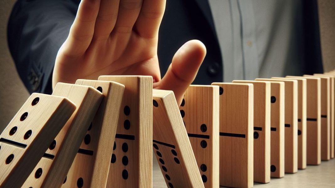 A person’s hand stops a row of wooden dominoes from falling, preventing the chain reaction, with the person wearing a dark suit in the background.