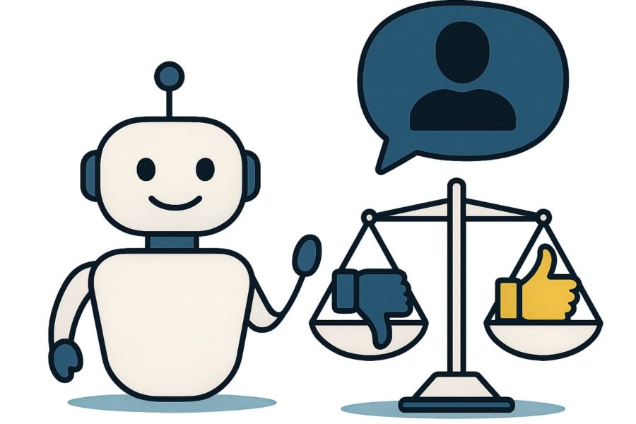 A smiling robot gestures towards a balance scale with a thumbs-down on one side and a thumbs-up on the other, and a speech bubble with a person icon above the scale.