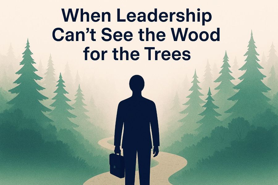 A silhouette of a person holding a briefcase stands on a winding path through a forest, with the text When Leadership Can't See the Wood for the Trees above. Pine trees and mist create a serene, contemplative atmosphere.