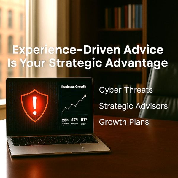 A laptop on a desk displays a shield icon and a business growth chart. Text reads: Experience-Driven Advice Is Your Strategic Advantage. Cyber Threats, Strategic Advisers, Growth Plans. Shelves and windows are in the background.