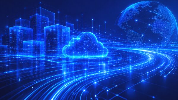 A digital illustration features a glowing blue cloud, buildings, data lines, and a globe, representing cloud computing, data transfer, and global connectivity on a dark background.