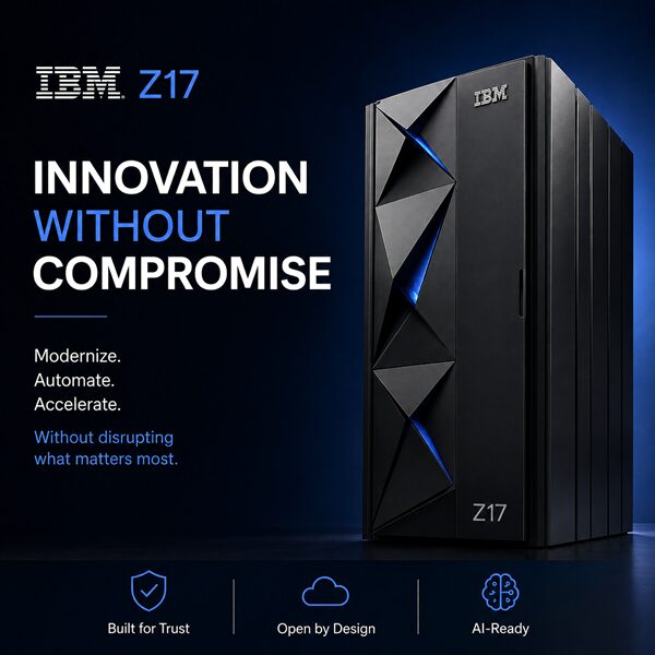 A black IBM Z17 server with blue lighting is shown. Text reads: INNOVATION WITHOUT COMPROMISE. Modernise. Automate. Accelerate. Icons at the bottom highlight trust, open design, and AI readiness.